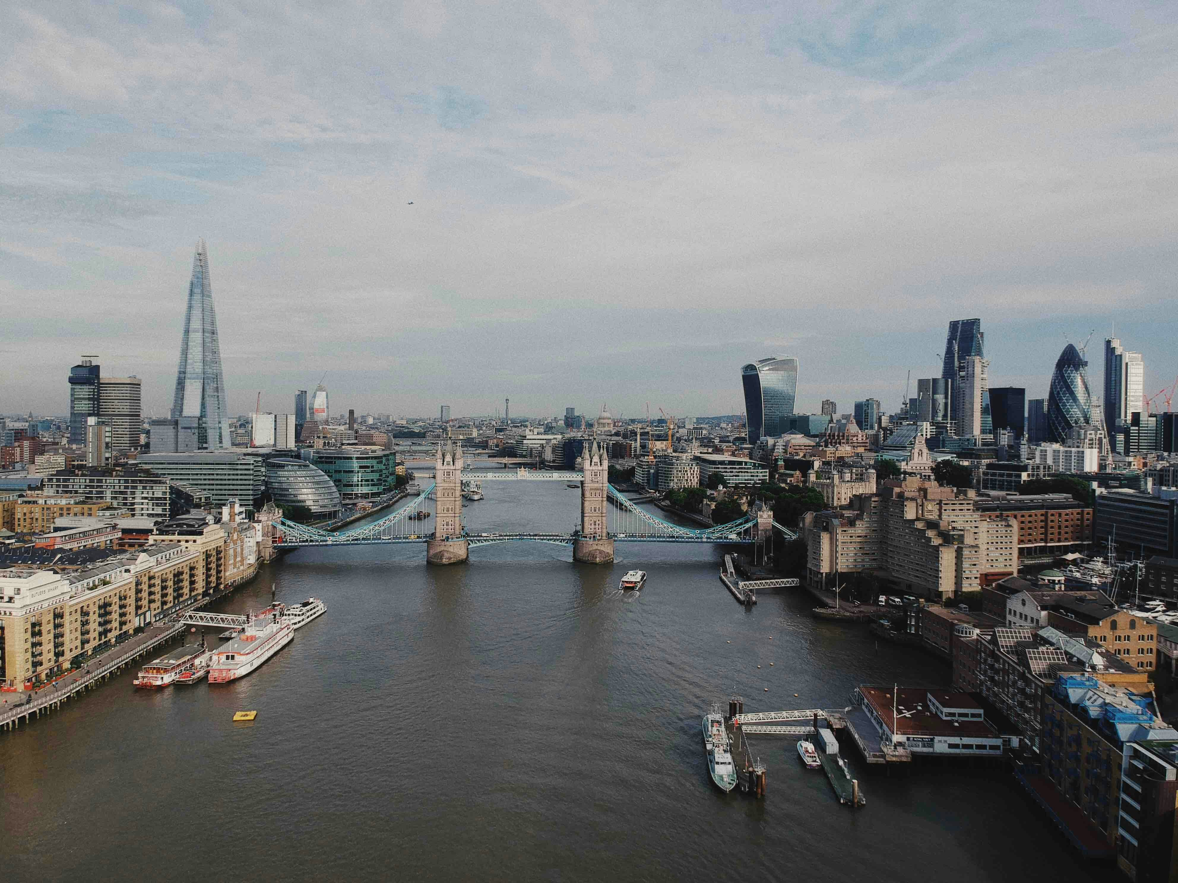 Tower Bridge and London skyline at sunset
